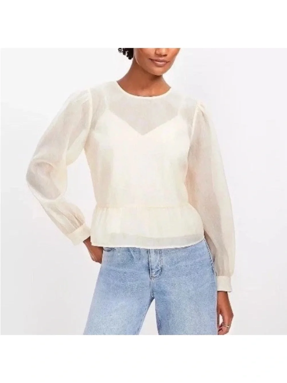 Ann Taylor LOFT Women’s S Feather Print Tie Back Peplum Blouse In Ecru Cloud $70